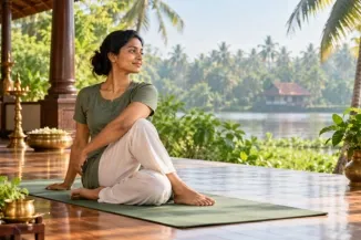 Woman practising a seated yoga twist on a veranda overlooking Kerala backwaters